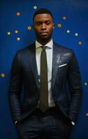 ai généré homme d'affaire de Port harcourt, Nigeria, permanent dans noir costume et bleu cravate, photo