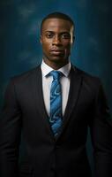 ai généré homme d'affaire de Port harcourt, Nigeria, permanent dans noir costume et bleu cravate, photo