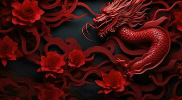 ai généré rouge mur papier avec style chinois rouge dragon fond d'écran photo