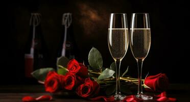 ai généré deux Champagne des lunettes et une rouge Rose avec une la Saint-Valentin photo