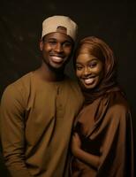 ai généré Jeune africain couple sur marron papier, souriant et bras dans bras photo