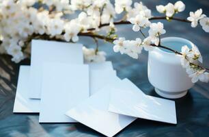 ai généré blanc cartes séance sur une table suivant à blanc fleurs photo