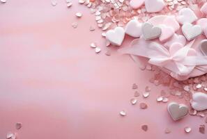 ai généré valentines journée sur rose Contexte avec bonbons cœurs photo