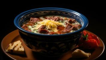 ai généré une bol rempli avec du boeuf et oignon soupe photo