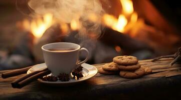 ai généré une tasse de chaud café, biscuits, et bois de chauffage photo