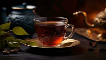 ai généré une tasse de noir thé avec une feuille séance suivant à il photo