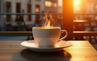 ai généré tasse de café, rayons de soleil éclat sur il photo