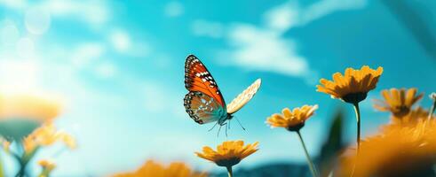 ai généré une papillon est séance sur une fleur dans de face de une bleu ciel photo