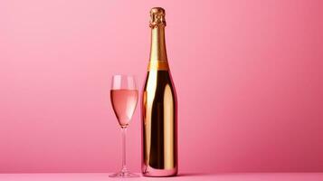 ai généré une bouteille de champantine et Champagne flûtes sur une rose Contexte photo