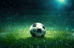 ai généré une Football Balle séance dans le herbe dans une football stade photo