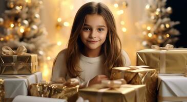 ai généré magnifique Jeune fille montrant Noël présente dans Accueil intérieur photo