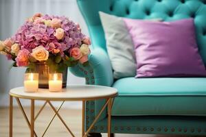 ai généré magnifique coloré bouquet de hortensias est dans une vase sur une table avec bougies près le canapé avec une oreiller intérieur décor idée. génératif ai. photo