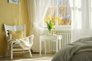 ai généré lumière printemps chambre intérieur, lit, blanc chaise, verre avec Jaune tulipe, fenêtre lumière rideaux, pastel couleurs. génératif ai. photo