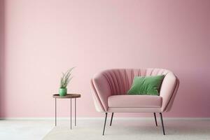 ai généré intérieur avec une doux vert fauteuil sur une rose mur Contexte. 3d illustration, 3d rendre. génératif ai. photo