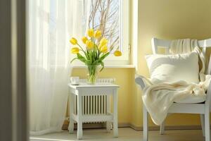 ai généré lumière printemps chambre intérieur, lit, blanc chaise, verre avec Jaune tulipe, fenêtre lumière rideaux, pastel couleurs. génératif ai. photo