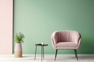 ai généré intérieur avec une doux vert fauteuil sur une rose mur Contexte. 3d illustration, 3d rendre. génératif ai. photo