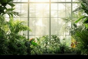 ai généré vert les plantes dans botanique jardin intérieur. ensoleillement dans panoramique la fenêtre. Frais Naturel Contexte. génératif ai. photo