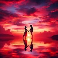 ai généré silhouette l'amour couple contre le ville le coucher du soleil photo