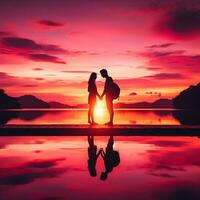 ai généré silhouette l'amour couple contre le ville le coucher du soleil photo