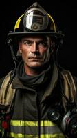 ai généré une portrait de une sapeur pompier dans plein équipement photo