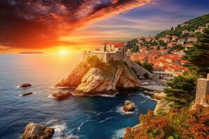 ai généré panoramique vue de Dubrovnik vieux ville à coucher de soleil, Croatie, dubrovnik, Croatie, magnifique romantique vieux ville de Dubrovnik pendant coucher de soleil, ai généré photo