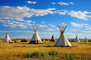 ai généré tipi dans le prairie de yellowstone nationale parc, Wyoming, premier nations tipis sur le ouvert prairies de Nord Amérique, ai généré photo