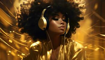 ai généré un afro magnifique femme dans or avec une écouteurs photo