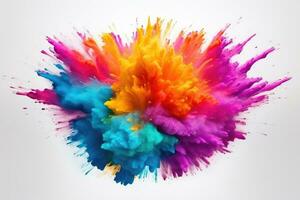 ai généré coloré encre dans l'eau sur une blanc Contexte. abstrait arrière-plan, explosion de coloré poudre contre une blanc toile de fond, 3d le rendu, ai généré photo