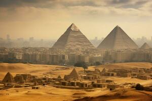 ai généré le pyramides de gizeh et Caire ville dans Egypte, Afrique, Egypte, Caire - gizeh, général vue de pyramides et paysage urbain de le gizeh plateau, ai généré photo