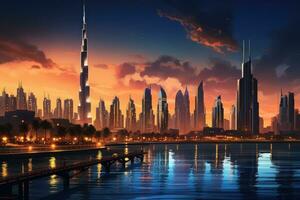 ai généré Dubai Marina à coucher de soleil, uni arabe émirats, Dubai horizon dans le soir, ai généré photo