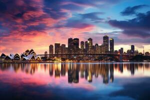 ai généré Sydney ville horizon à le coucher du soleil avec réflexion dans eau, Australie, centre ville Sydney horizon dans Australie, ai généré photo