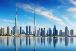 ai généré Dubai horizon avec grattes ciels réfléchi dans eau, uni arabe émirats, Dubai affaires baie panoramique voir, Émirats arabes unis, ai généré photo