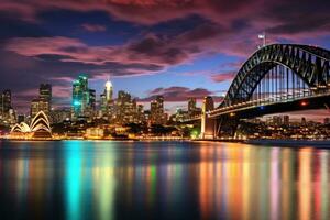 ai généré Sydney port pont à nuit, Australie. horizon de Sydney, centre ville Sydney horizon dans Australie, ai généré photo