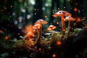 ai généré champignons dans le forêt avec bokeh lumières. la nature arrière-plan, embrasé champignons dans une rêveur forêt, ai généré photo