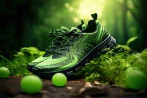 ai généré vert baskets sur le sol dans le forêt. sport et en bonne santé mode de vie concept, écologiquement amical chaussures, fonctionnement en plein air dans la nature concept, ai généré photo