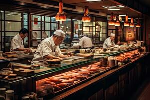 ai généré Japonais chef cuisine dans une restaurant cuisine dans Tokyo, Japon, Asie, ai généré photo