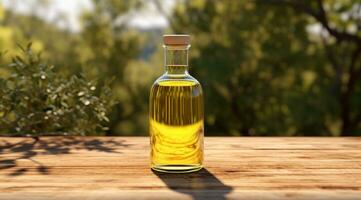 ai généré olive pétrole bouteille sur une en bois table dans le verger photo