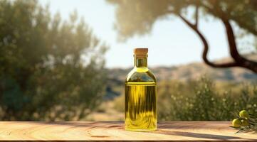 ai généré olive pétrole bouteille sur une en bois table dans le verger photo
