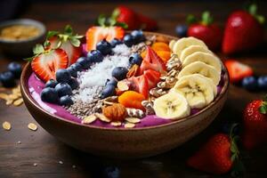 ai généré en bonne santé petit déjeuner bol avec avoine flocons, baies et des fruits, une vivement coloré biologique smoothie bol avec divers garnitures, ai généré photo