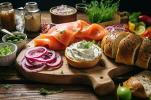 ai généré pain avec fumé saumon, mariné concombre, oignon et Mayonnaise sur une en bois conseil, une beignet brunch propager avec fumé Saumon et crème fromage, ai généré photo