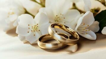 ai généré or mariage anneaux sur blanc fleurs photo