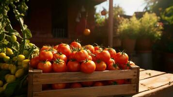 ai généré tomates sont mûr dans une Caisse dans une petit jardin photo