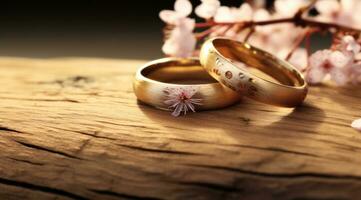 ai généré deux mariage anneaux sur Haut de une pièce de bois photo