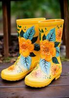 ai généré Jaune pluie bottes avec fleurs et feuilles photo