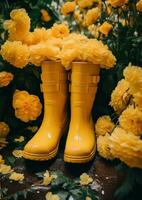 ai généré Jaune bottes avec fleurs photo