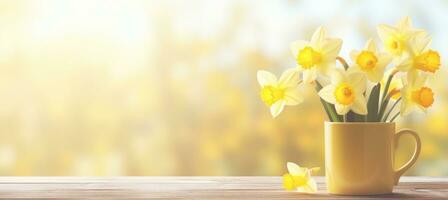 ai généré Jaune tasse avec blanc fleurs sur table dans jardin photo