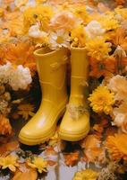 ai généré Jaune pluie bottes en portant Jaune fleur photo