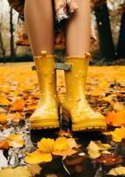 ai généré Jaune pluie bottes en portant Jaune fleur photo