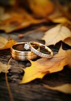 ai généré deux mariage anneaux étaient mis sur Haut de une en bois surface et sont entouré photo