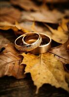 ai généré deux mariage anneaux étaient mis sur Haut de une en bois surface et sont entouré photo